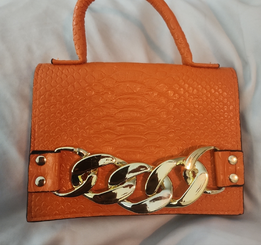 Orange Textured Handbag with Gold Chain